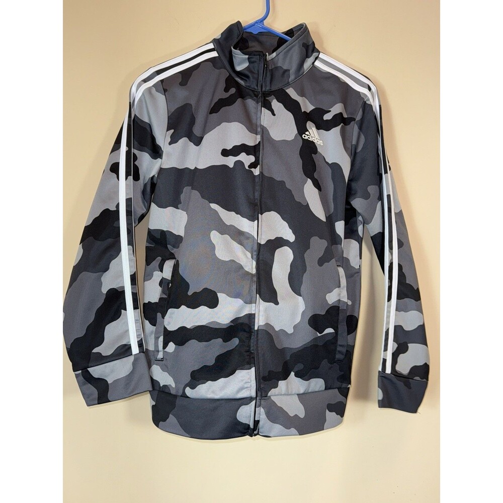 adidas Boys Size L 14/16 Track Jacket Gray/Black Camo Full Zip Long Sleeve